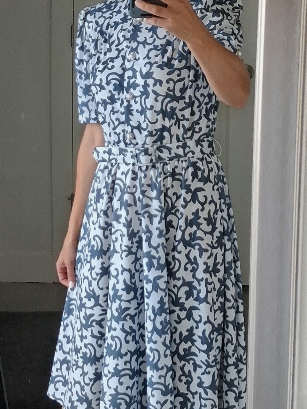 California Looks Vintage Midi Dress with Blue Scroll Print and Belt